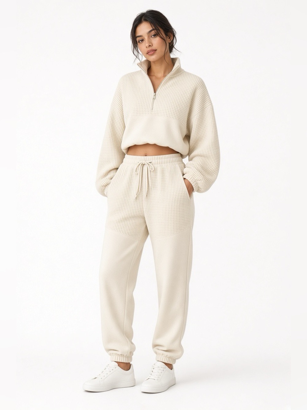 POL Cream Cloud Dancer Waffle Pullover & Jogger Set | Fit S/M | Matching 2 Piece